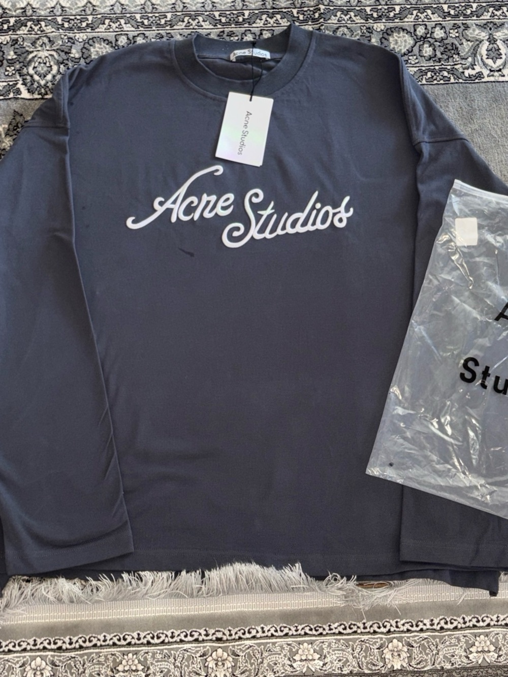 Acne studios gray crewneck tee with white script logo